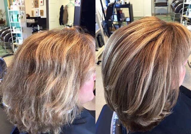 womens beautiful before and after color and highlights