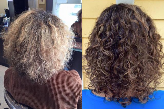 womens beautiful curly before and after cut and color